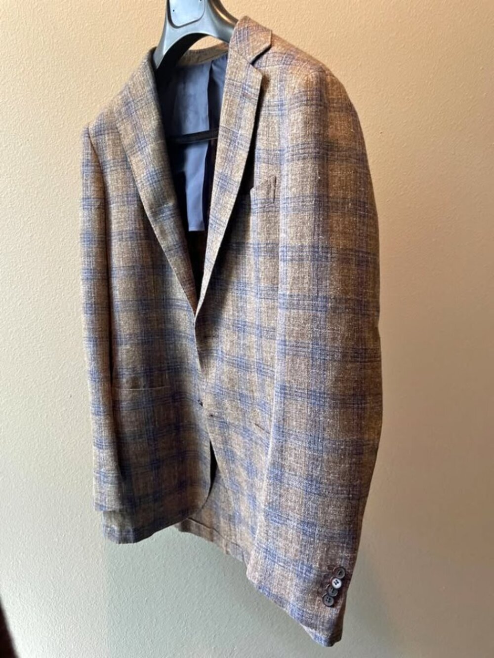 Suitsupply Havana Brown Blue Glen Plaid Silk Linen Wool Blazer 38L
